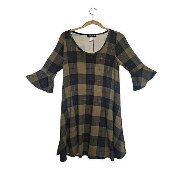 French Atmosphere Plaid Bell Sleeve Dress Womens L Black/Tan Checkered A Line - Picture 1 of 5